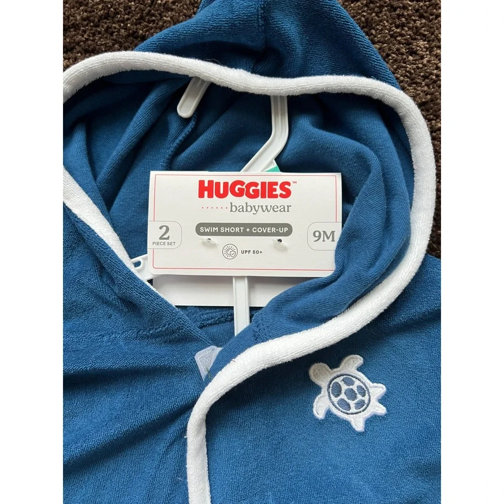 Huggies Baby Boy 9M Swim Set Hooded Cover-Up Trunks Blue Yellow UPF 50+ 2PC